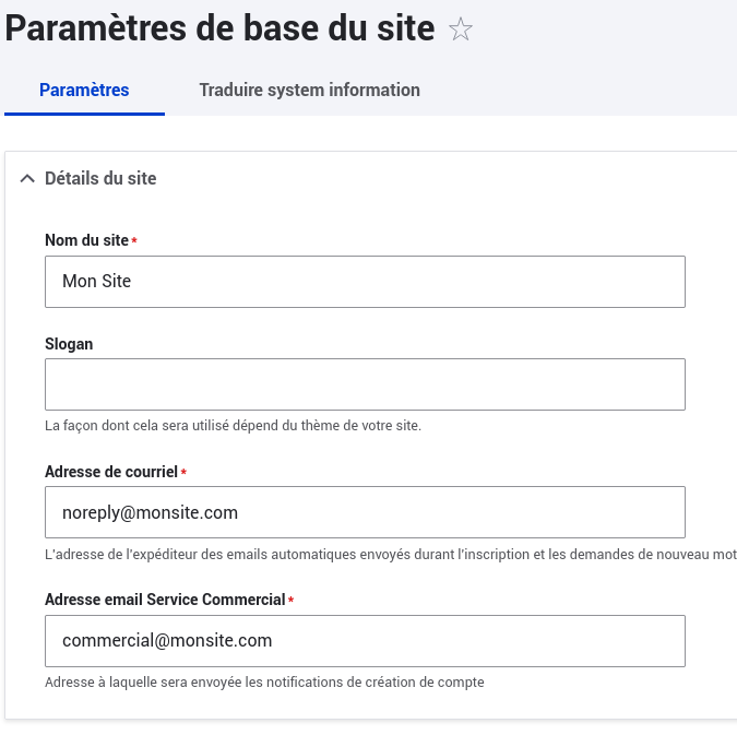 Formulaire paramètres de base du site