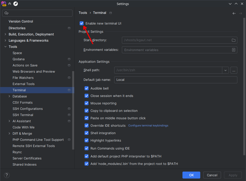 Jetbrains désactiver le nouveau terminal