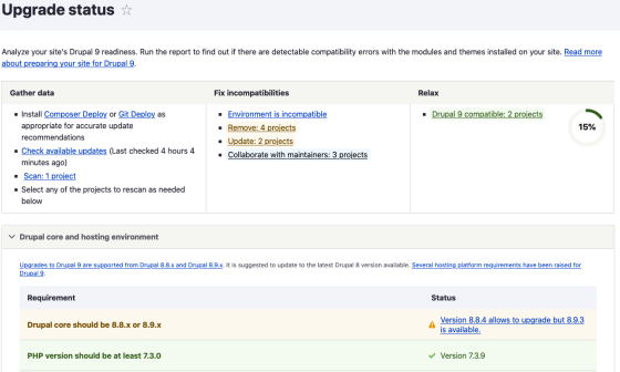 Tableau de bord Upgrade Status
