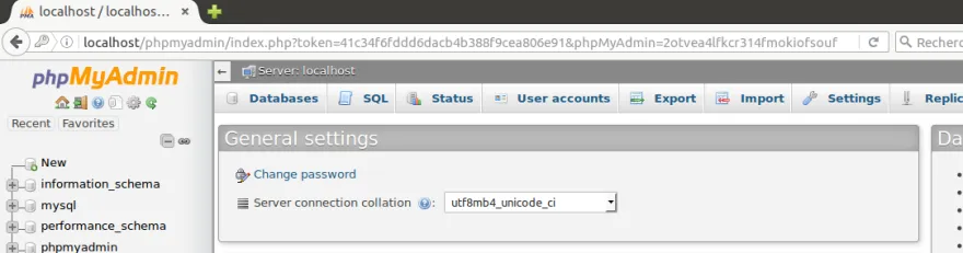 Ecran d'accueil phpmyadmin