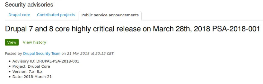 L'avis de sécurité sur drupal.org