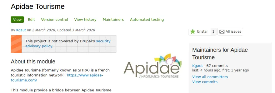 Capture d'écran du module apidae toursime sur drupal.org