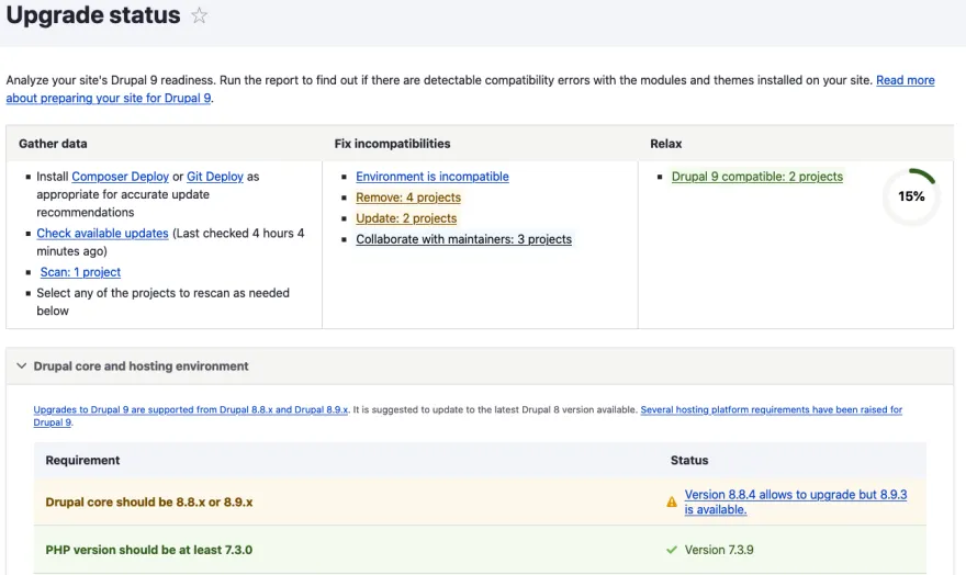 Tableau de bord Upgrade Status