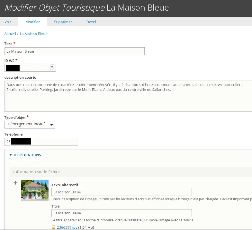 Edition d'une fiche « objet touristique »